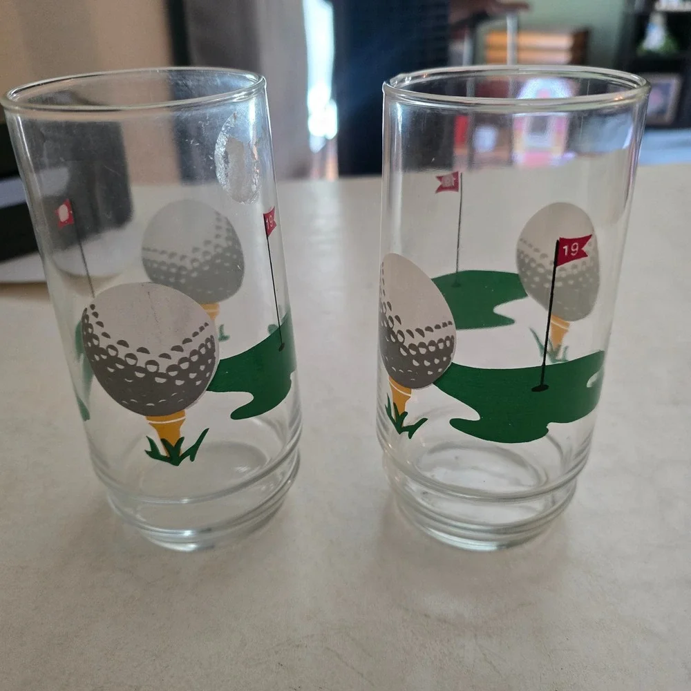 Vintage Golf 19th Hole Highball Glasses Set of 2 Retro Barware‎ Tumblers